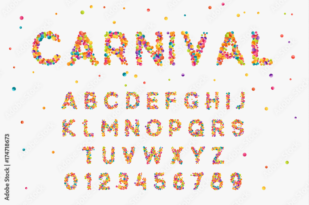 Poster Font set with letters from multi-colored round confetti.