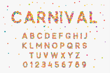 Font set with letters from multi-colored round confetti.