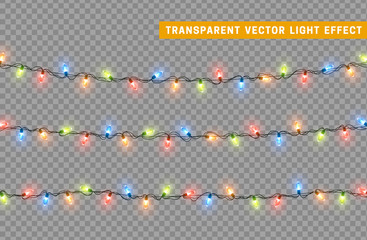 Christmas lights isolated realistic design elements. Glowing lights for Xmas Holiday greeting card design. Garlands decorations. Led neon lamp