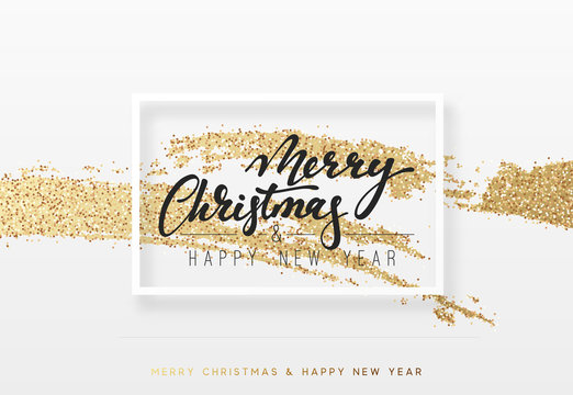 Christmas and New Year background with shining gold paint brush. Xmas greeting card,