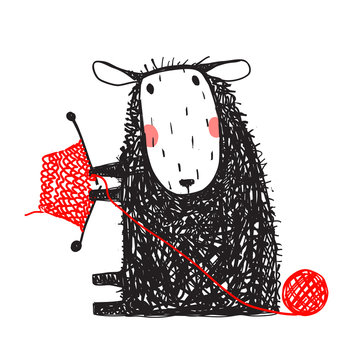Knitting Cute Sheep Hand Drawn