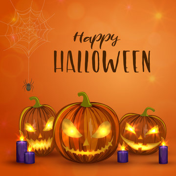 Carved Halloween pumpkins, colorful scary Halloween illustration. Vector