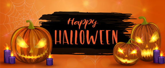 Carved Halloween pumpkins, horizontal banner. Colorful scary Halloween illustration. Vector © DruZhi Art