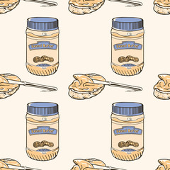 Peanuts seamless pattern with cute butter jar and sandwich. Freehand ink hand drawn picture sketchy in art vintage scribble style pen on paper. Closeup view. Seamless pattern peanut pod for packaging.