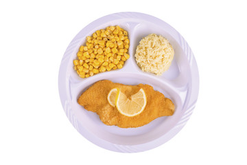 Battered fish tv dinner, isolated on white background