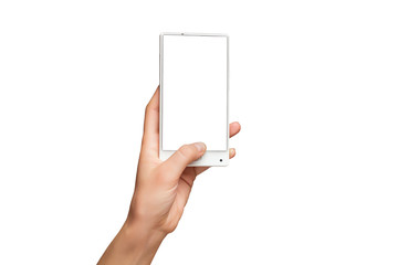 Mockup of female hand holding frameless cell phone with blank screen isolated at white background.