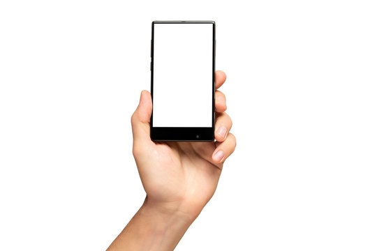 Mockup of male hand holding black frameless cell phone with blank screen isolated at white background.