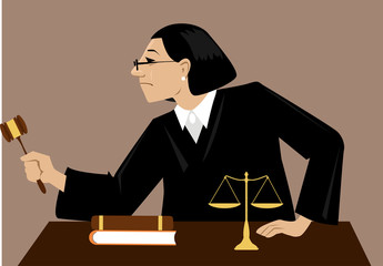 Female judge with a gavel presides over court proceeding, EPS 8 vector illustration