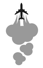Negative transportation by plane - airplane is producing dark fume and exhaust. Aviation and pollution of air by usage of fossil fuel. Vector illustration.