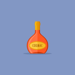 Cognac bottle isolated on blue background. Flat style icon. Vector illustration.
