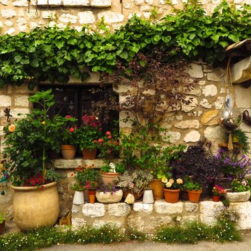 picturesque stone wall with flowers and ivy in medieval village of Gourdon, Provence, France
