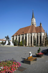 Monument of King Mathias Corvinus (Corvin) in Cluj-Napoca, Piața Unirii in front of Saint Michail (Michael) Church, Romania 