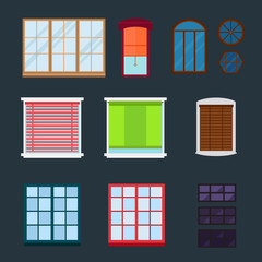 Different types house windows elements flat style glass frames construction decoration apartment vector illustration.