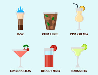 Alcohol drinks beverages cocktail lager container drunk different glasses vector illustration.
