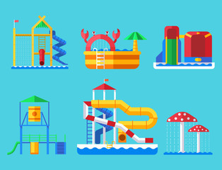 Water aquapark playground with slides and splash pads for family fun vector illustration.