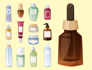 Bottles of cosmetic cosmetology lotion makeup beauty plastic liquid cream container fluid pack vector illustration.