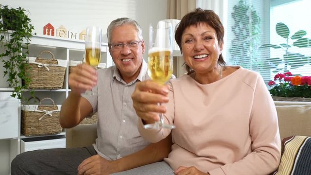 Elderly Couple Connected with Friends using Laptop Video Call Camera and Drinking Champagne Sitting in the Living Room. Slow Motion