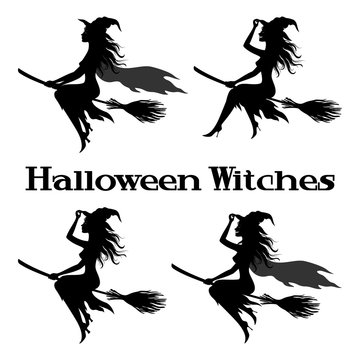 Set Witch Flying on Broom, Picture for Holiday Halloween, Black Silhouettes Isolated on White Background. Vector