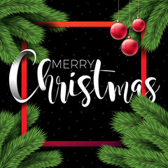 Merry Christmas Illustration on Black Background with Typography and Holiday Elements, Vector EPS 10 design.