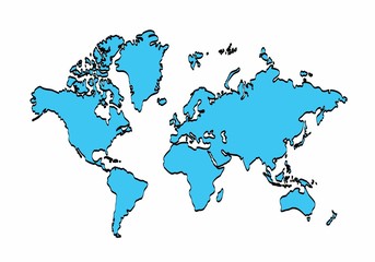 Blue world map outline graphic freehand drawing on white background, vector of Asia, Europe, north, south, america, Australia and africa