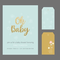 Baby Shower Invitation Template with hand lettering, cute flowers - 174727874