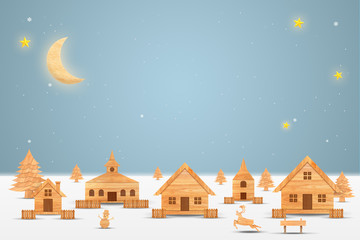 Fototapeta premium Landscape forest with christmas tree and house in night time with snowfall. Christmas season and Happy new year season made from wood with decorations art and craft style, illustration