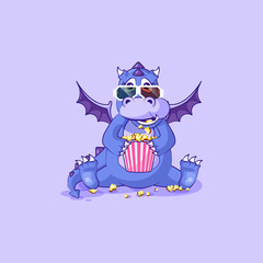 Vector Emoji character cartoon dragon dinosaur chewing popcorn, watching movie 3D glasses sticker emoticon