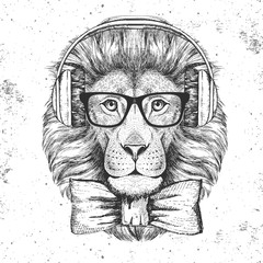 Naklejka premium Hipster zwierzęcy lew. Rysunek odręczny Pysk lwa