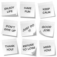 Sticky note with text and shadow isolated on transparent background set. White paper. Message on notepaper.Reminder. Vector illustration.