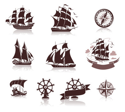 Sailing ships  silhouettes  and marine symbols icon set