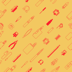 vape patterns of e cigarette icons set, e liquid, vape devices and tools, vaping seamless background. 