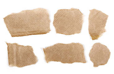 Cardboard scraps, set and collection, isolated on white background