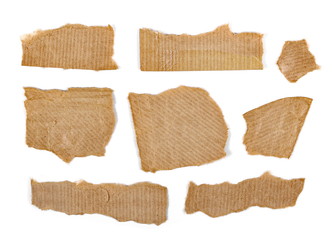 Cardboard scraps, set and collection, isolated on white background