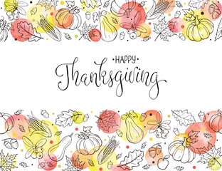 Happy Thanksgiving greeting card template. Horisontal frame composition with hand drawn autumn leaves, pumkins and watercolor circles on white background. Thanksgiving banner.