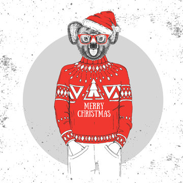 Christmas Hipster fashion animal koala dressed a New Year hat and pullover