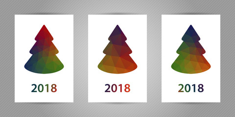 Minimalistic polygonal New Year tree on white background. Christmas greeting card with colorful geometric texture and 2018 numbers.