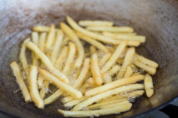French fries fried in a pan.