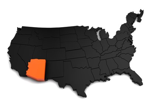 United States of America, 3d black map, with Arizona state highlighted in orange. 3d render