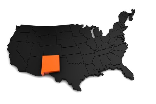 United States of America, 3d black map, with New Mexico state highlighted in orange. 3d render