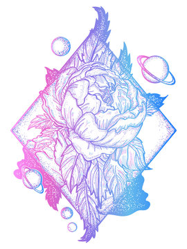 Esoteric rose tattoo art and t-shirt design. Symbol of love, beauty, nature. Beautiful magic flower rose tattoo for woman