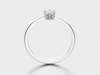 3D illustration white gold or silver traditional solitaire engagement diamond ring with shadow and reflection