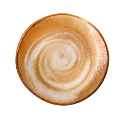 Top view of hot coffee latte cappuccino spiral foam isolated on white background, clipping path included