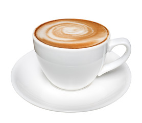 Hot coffee latte cappuccino spiral foam isolated on white background, clipping path included