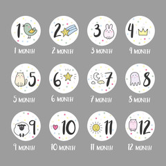 Cute icon or button with doodle animal and sign,