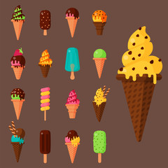 Sweet cartoon cold ice cream set and tasty frozen icecream collection vector delicious colorful desserts