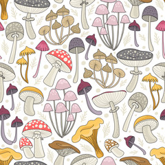 Seamless pattern with mushrooms. Freehand drawing. Can be used on packaging paper, fabric, background for different images and etc.