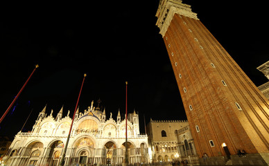 VENICE Italy Saint Mark s Basilica and the Campanile at night wi