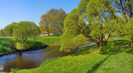 Panoramic view of park with small river 