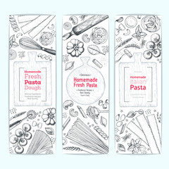 Italian pasta vertical banner set. Hand drawn vector illustration. Collection of pasta different types. Italian food design template. Engraved sketch style.