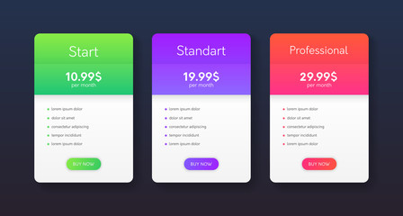 Obraz premium Set of clean price list colums. Three banners with tariffs. Flat web promo elements.